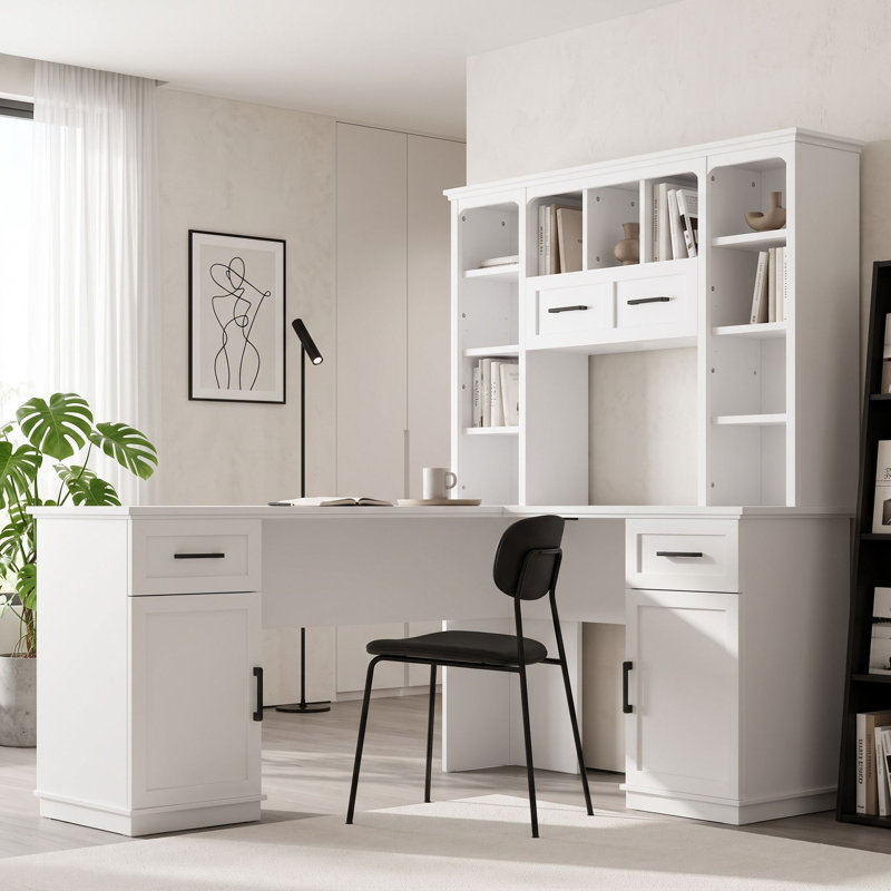 Bureau d'ordinateur en L 2 en 1 avec station de charge intégrée, armoire de rangement et tablettes ouvertes, Blanc