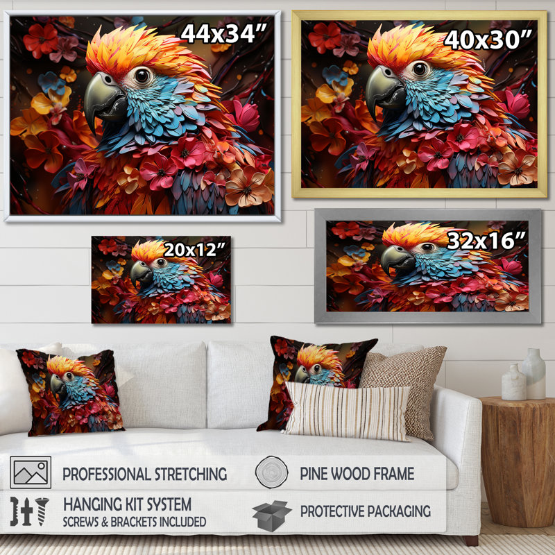 Perroquets tropicaux Rhapsody - perroquet, art mural sur toile, Toile tendue, H 30 po x l 40 po x P 1,5 po