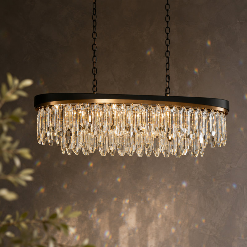 Lustre linéaire à 10 lumières de 119 cm (47 po) de largeur, à intensité variable, en cristal noir et laiton, idéal pour îlot de cuisine.