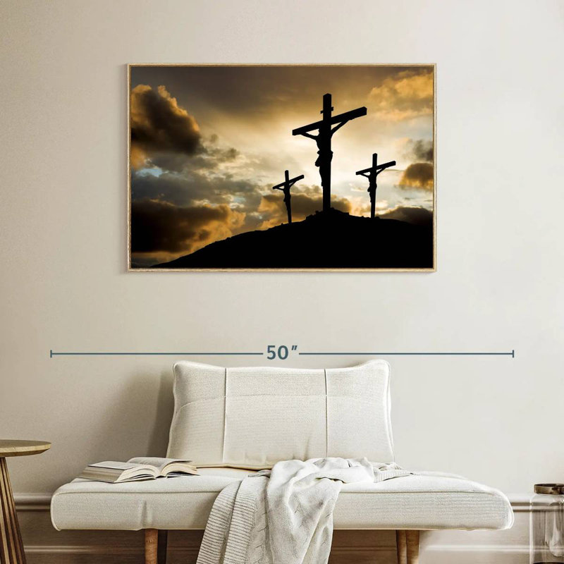 Croix au calvaire, Cadre flottant en bois naturel, 40 po x 27 po