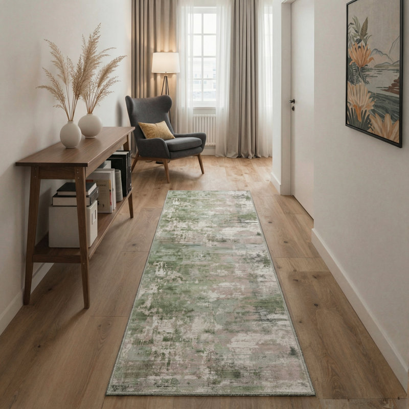 Lucchesi Mistral Abstract Machine Washable Grey / Pink / Green Indoor Area Rug with Non-Slip Backing, Runner 2' x 6'