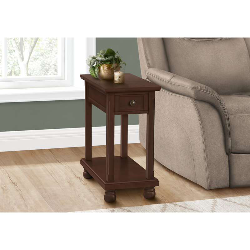 Table étroite avec tiroir et tablette inférieure avec rangement latéral traditionnel, finition en placage brun foncé