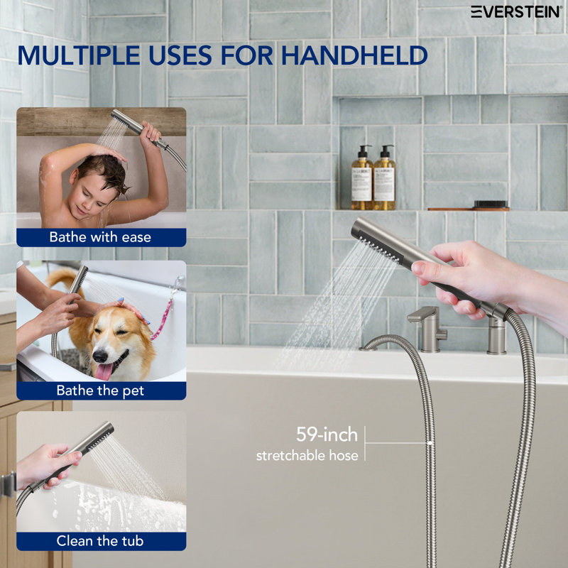 Single Handle Deck Mounted Roman Tub Faucet with Hand Shower & Swivel Spout, Brushed Nickel