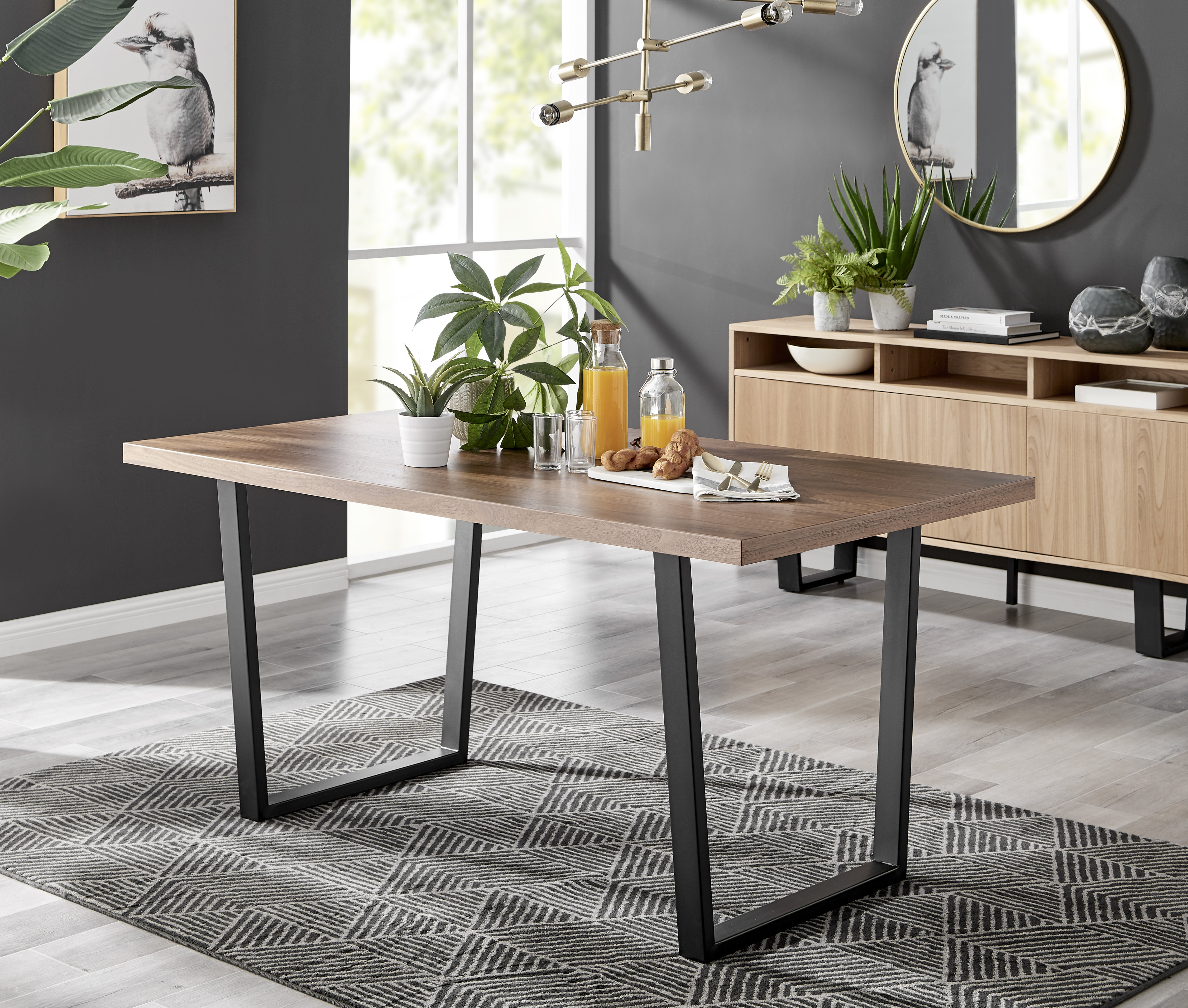 Canora Grey Eubanks Modern Brown Wood Table with Black Metal Legs - 6 ...