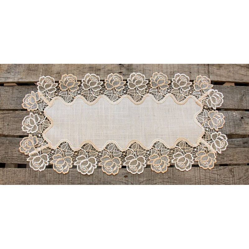 Beige Rose Collection Elegant Vintage Rose Lace Table Runner, 14" x 27"