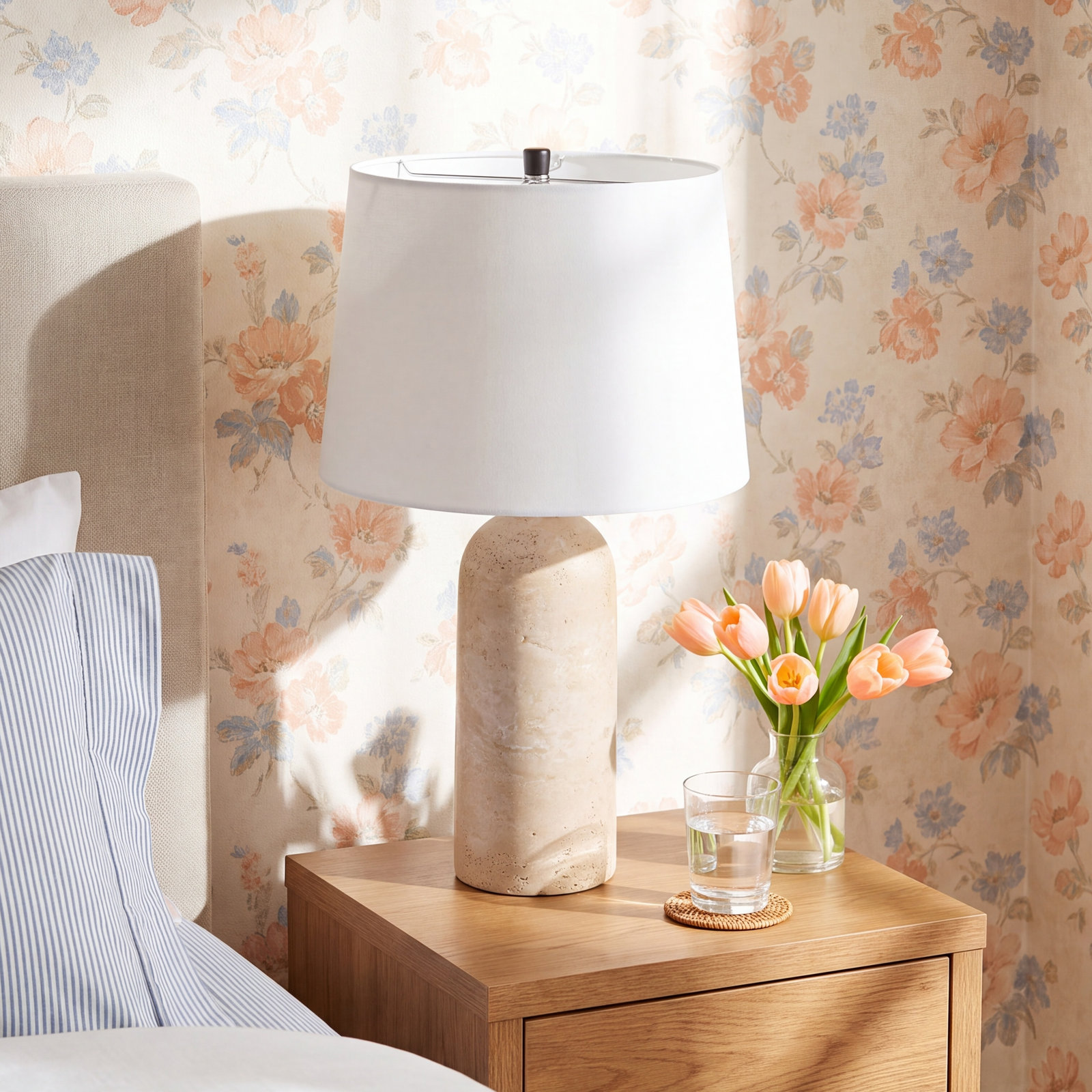 Holderness Travertine Table Lamp, 22" H x 14" W x 14" D