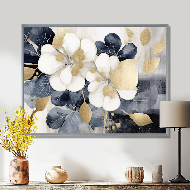 Or blanc hortensia Blooms Heaven II - art mural floral, H 16 po x l 32 po, Encadrement argenté