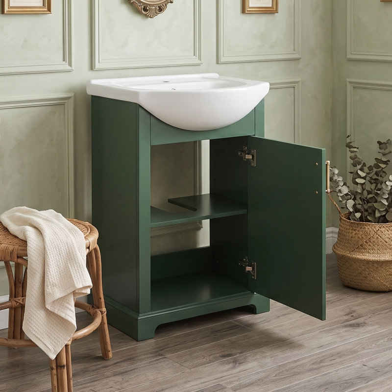 Meuble-lavabo autoportant de style français avec lavabo en céramique, Vert