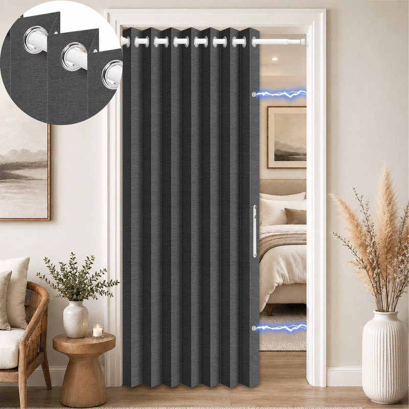 Rideau de porte accordéon avec tringle de tension sans perçage, paravent en polyester d'aspect lin, Noir avec tige