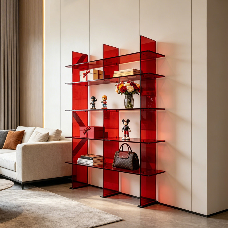 Présentoir de bibliothèque moderne en acrylique rouge, H 61 po x l 31,5 po x P 11,81 po