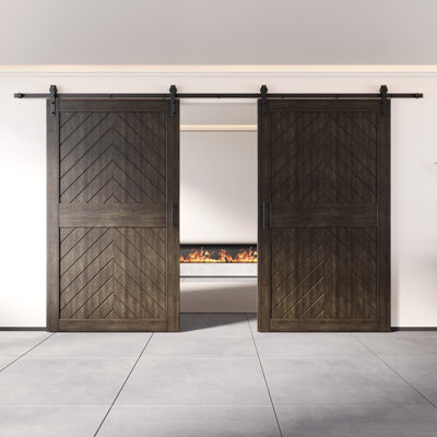 Homacer Ebony 42 in. x 84 in. Finished & Unassembled 4-IN-1 Fishbone Design Two Barn Door with Non-Bypass Installation Hardware Kit, 15ft track, interior use only