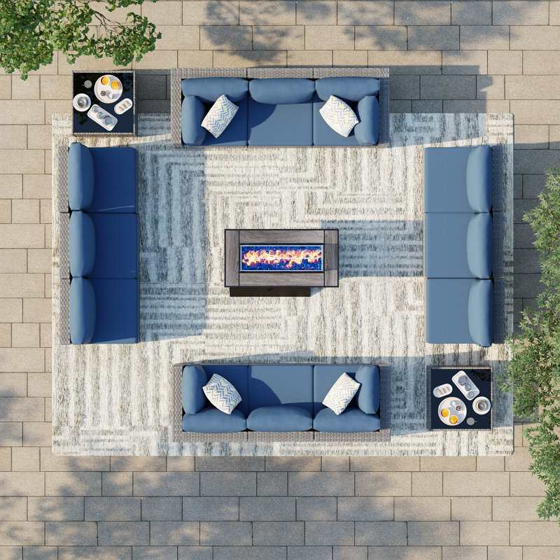 12-Person Outdoor Wicker Patio Set with Cushions and Fire Pit, Silver, Navy