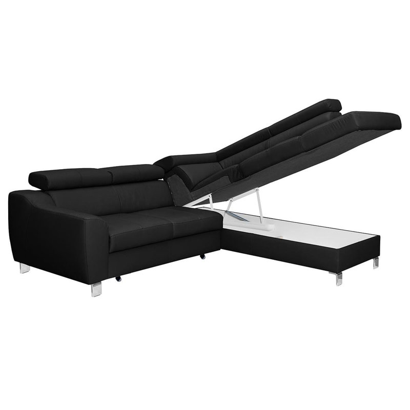 Avaiya Leather Corner Sofa with Sleeping Function and Storage, Black, Right Hand Facing, Yes
