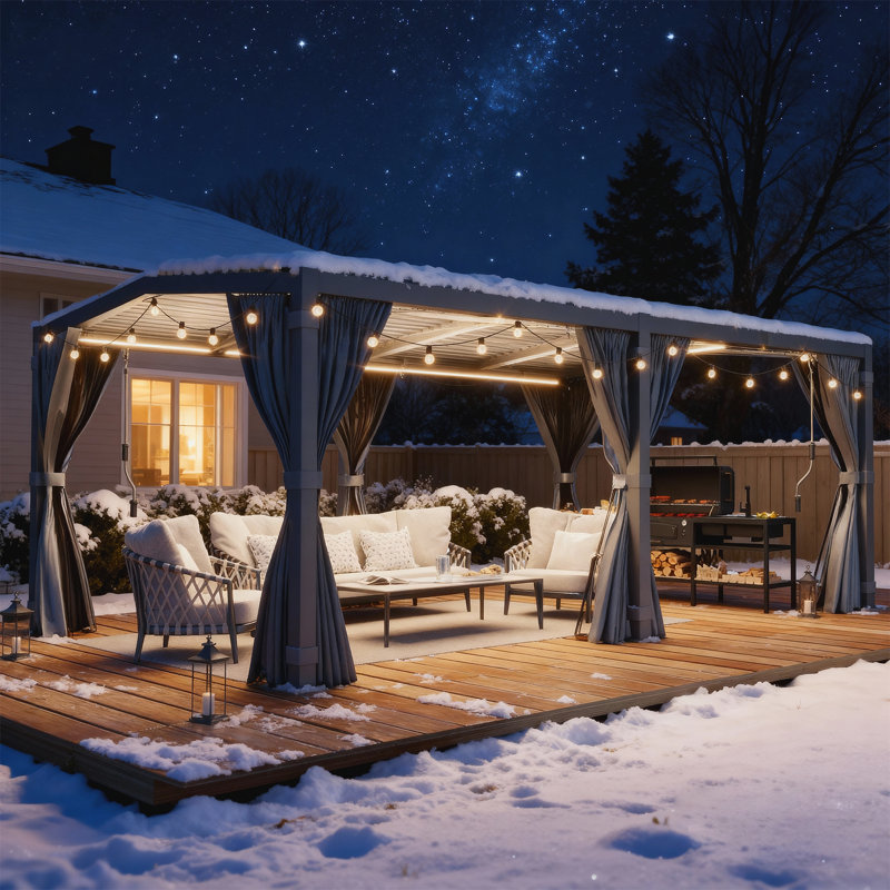 Pergola à persiennes l 12 pi x P 20 pi - Cadre en A en aluminium avec toit incliné réglable anti-pluie, drainage dissimulé, rideaux imperméables et moustiquaire - gris foncé