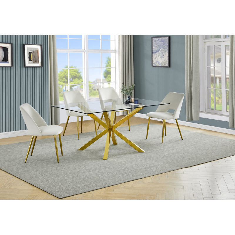 Ensemble de salle à manger rectangulaire en verre 63 po x 39 po avec chaises d'appoint en velours et base dorée, Crème, 5