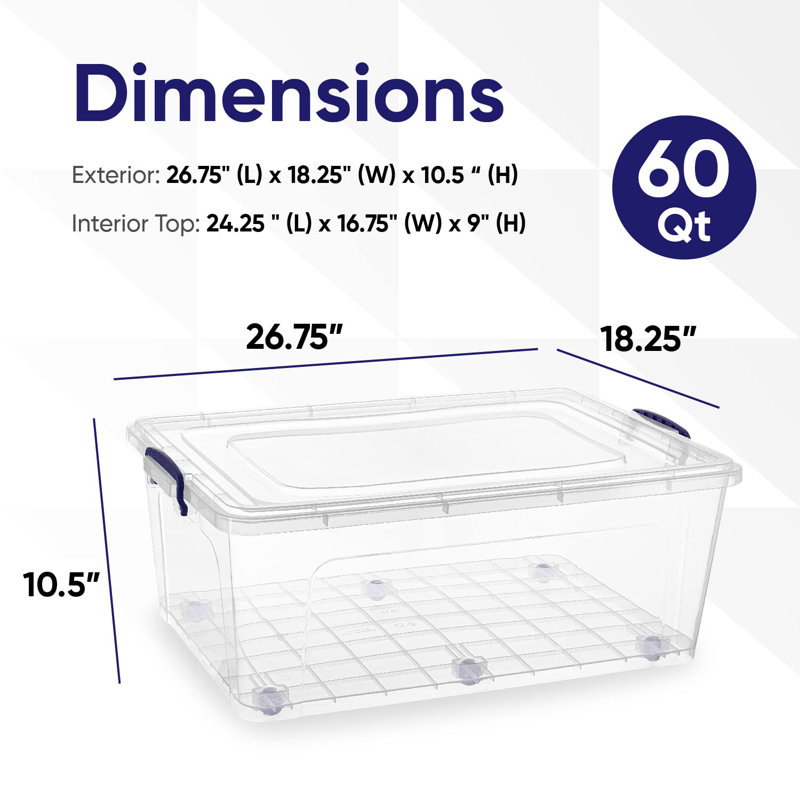  Bacs de rangement avec couvercles, contenants en plastique transparent de 60 pintes pour l'organisation, bacs empilables, sans BPA, sans odeur, boîtes de rangement pour la maison et dortoir, paquet de 2