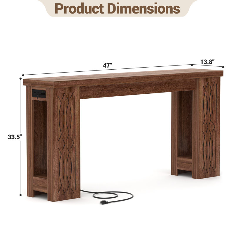 47" Farmhouse Console Table With Charging Station And LED Lights, Rustic Oak, 33.5" H x 47" W x 13.8" D