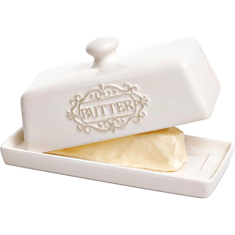 Beurrier en céramique double bâton avec couvercle - coupelle gravée «Butter» de style campagnard