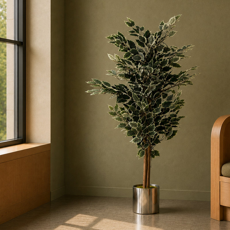130cm Faux Ficus Tree in Metal Pot, Silver