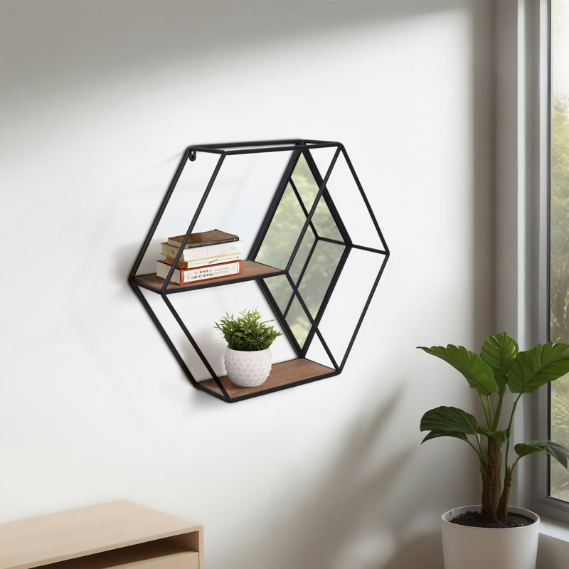 Geometric Metal and Wood Wall Storage with Mirror Accents, Modern Hexagonal Floating Shelf, Stylish Decorative Organizer