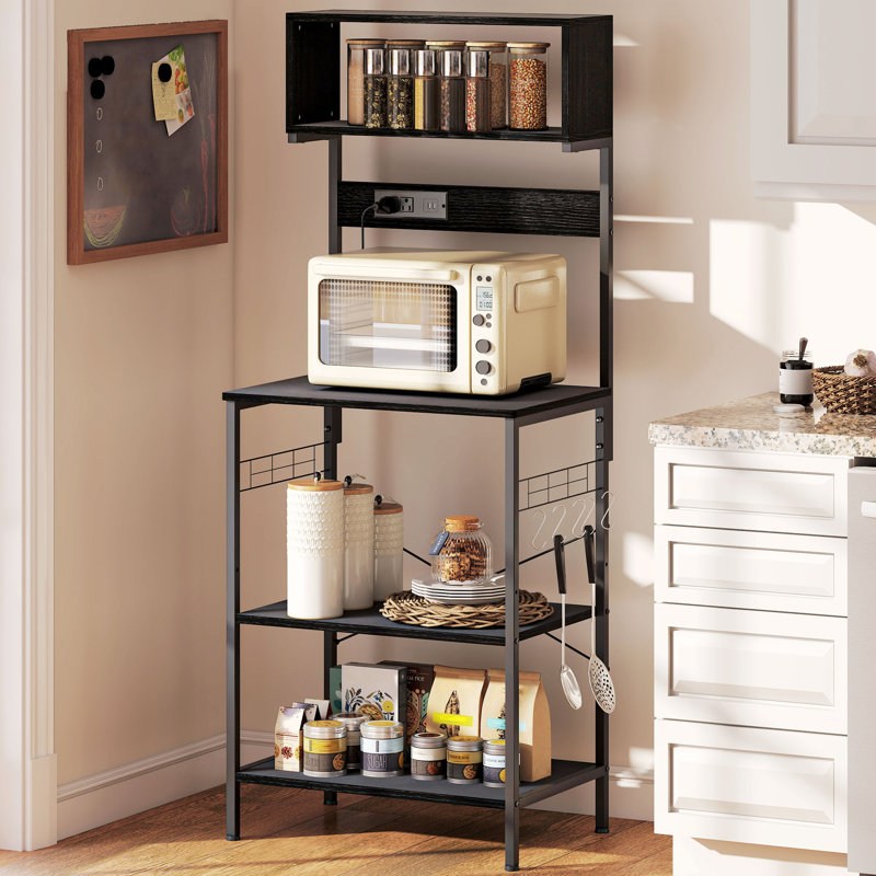 Étagère de boulanger avec prise de courant, chargeur USB, support pour micro-ondes, noir, H 60,2 po x l 23,6 po x P 16,5 po