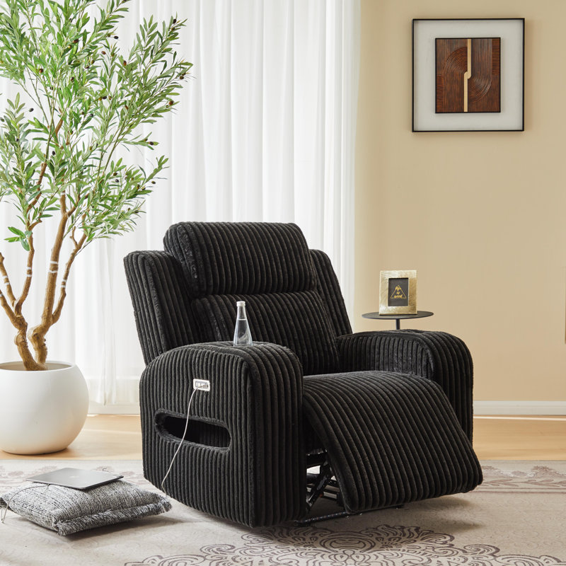 Sizemore Wide Corduroy Upholstered Power Recliner With Cup Holders for Living Room Recliner, Black