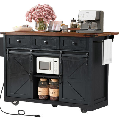 53.7" Kitchen Island With Black Wood Grain, 2 Sliding Barn Doors, 3 Drawers, 5 Lockable Wheels And Spice Rack Brown Grain Tabletop, 47w Drop Leaf, Ac Outlets, Ports, Smooth - Glide Adjustable Shelves