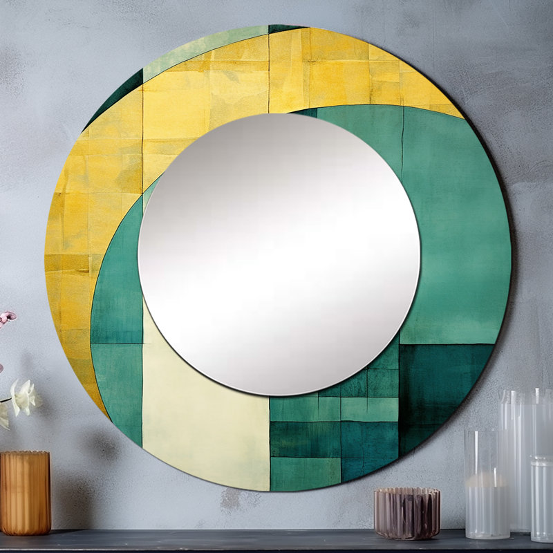 Emerald And Golden Arches I - Abstract Shapes Mirror, Gold Round Unique Wall Mirror, Printed Metal Art, 23" x 23"