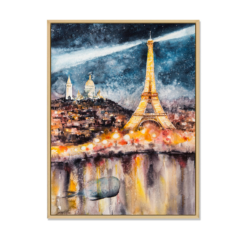 «Paris At Night with Bright Shining Eiffel Tower», reproduction sur toile, H 20 po x l 12 po x P 1 po, Cadre flottant brun
