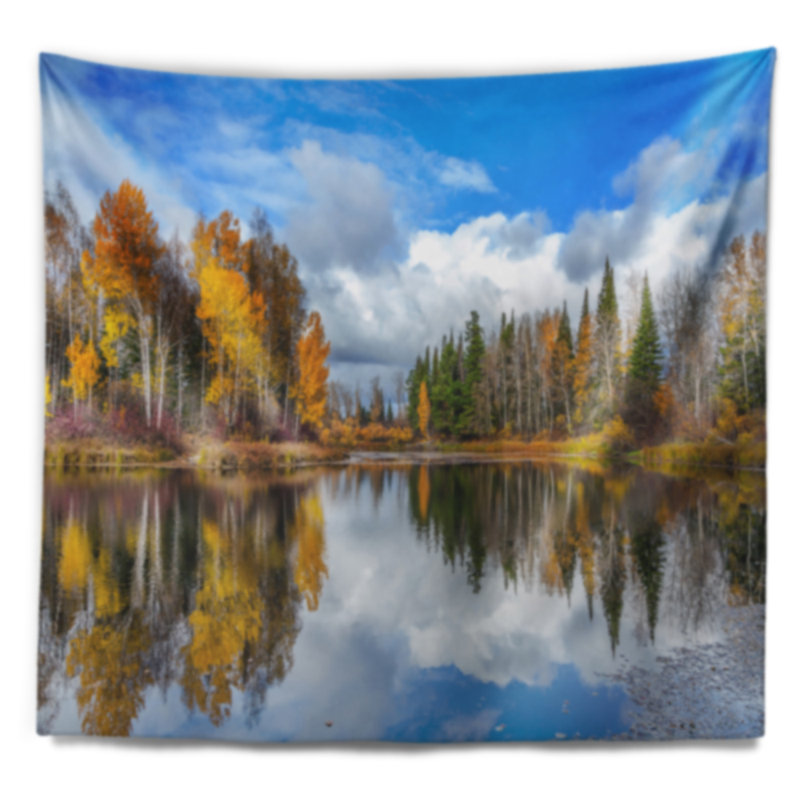 Paysage, beaux arbres d'automne avec tapisserie du lac Forest, H 68 po x l 80 po