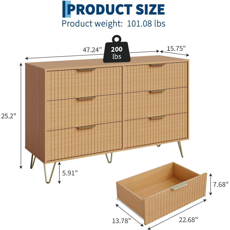 47" Wide 6 Drawer Dresser for Bedroom, Natural Oak