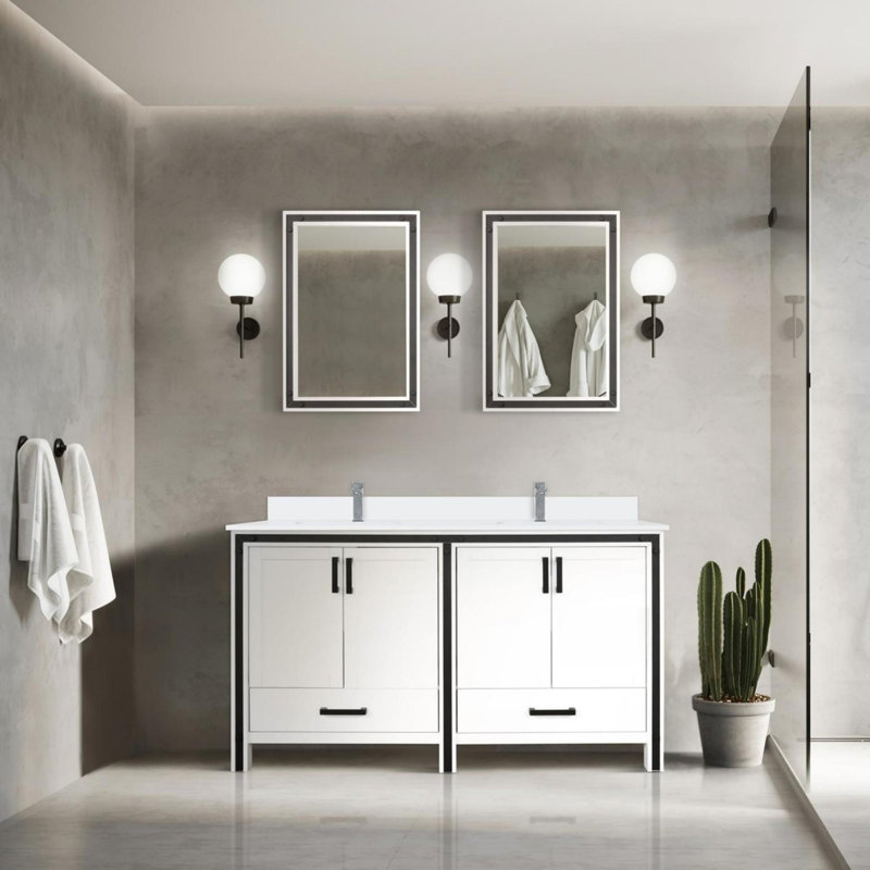 Ensemble de meuble-lavabo double avec plateau en marbre de culture et robinet, Blanc