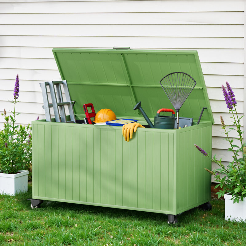 150 Gallon Storage Box All-Weather Outdoor Deck Box with Wheels, Green, 150 Gallon