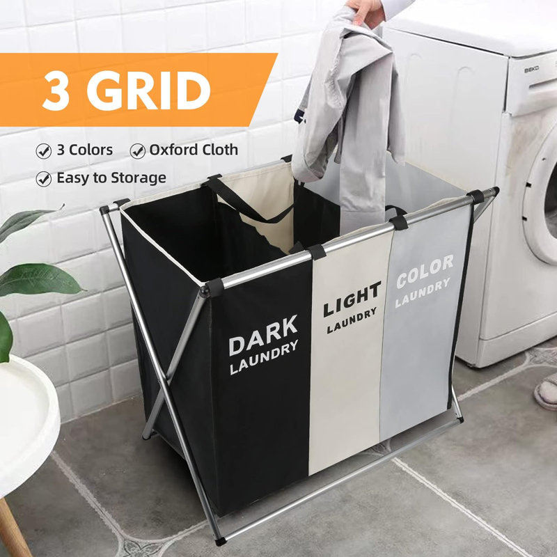 Metal Frame 180L Laundry Hamper  Basket 3 Section