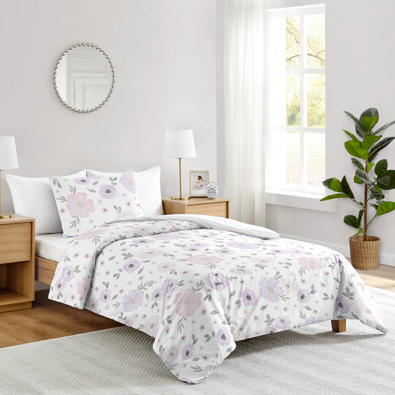 Ensemble d'édredon en microfibre Watercolor, Lavande / mauve / gris, Édredon pour lit simple + 1 taie décorative stan