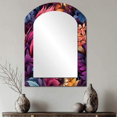 Boho rose et bleu plume fusion - miroir asymétrique floral, miroir mural unique arche rose, impression d'art en métal