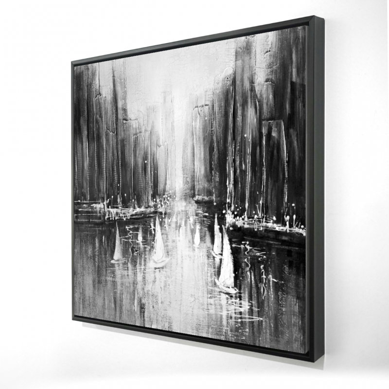 "Bateaux en gris sur l'eau" sur toile, H 36 po x l 36 po