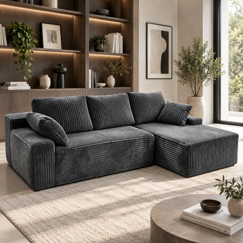 Canapé d'angle en L sans ossature de 244 cm (96 po), garni de mousse sans cadre et de ressorts ensachés, avec méridienne à droite pour salon
