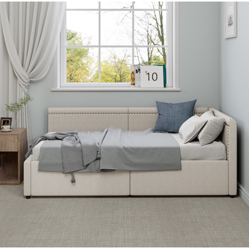 Modern Style Twin Size L Shape Corner Bed, Linen Upholstered Daybed with Two Storage Drawers, Beige