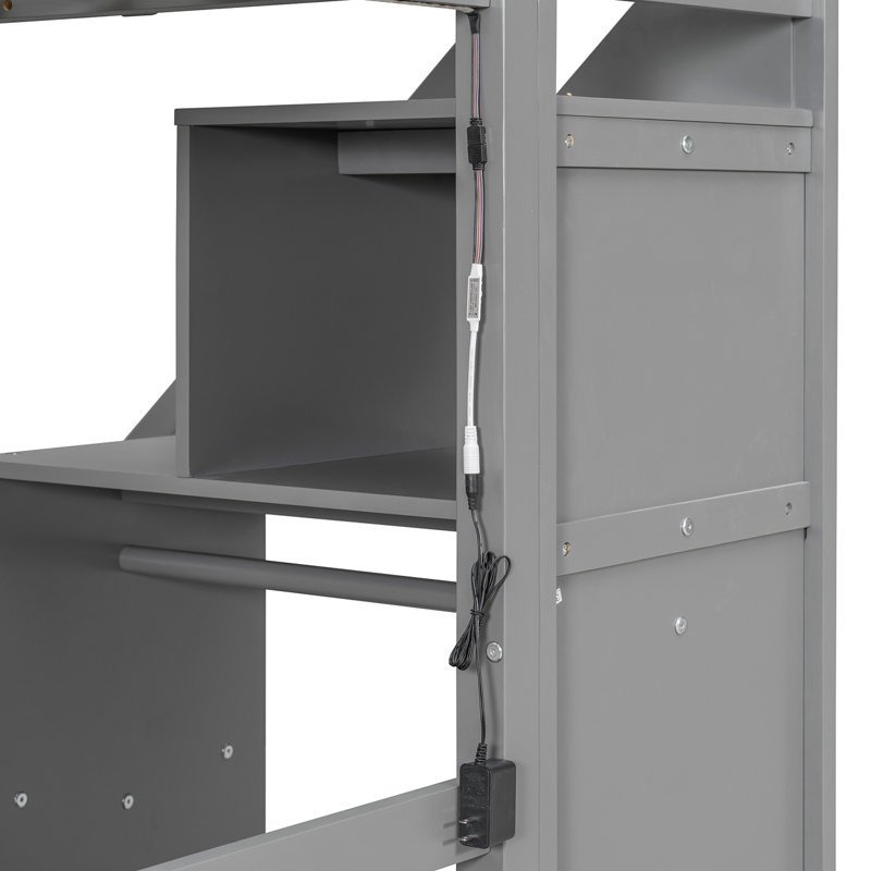 Lit mezzanine simple avec deux commodes, bureau et bande lumineuse, Gris