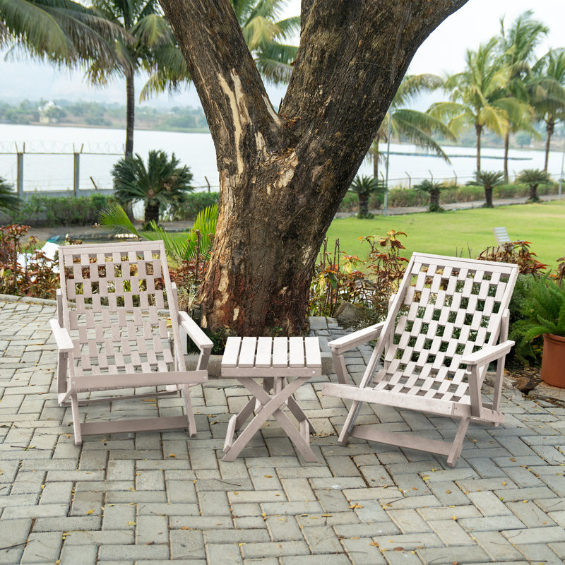 Pinecrest Fully Assembled All-Weather Outdoor Folding Lounge Chair and Table 3 Piece Set, Ivory