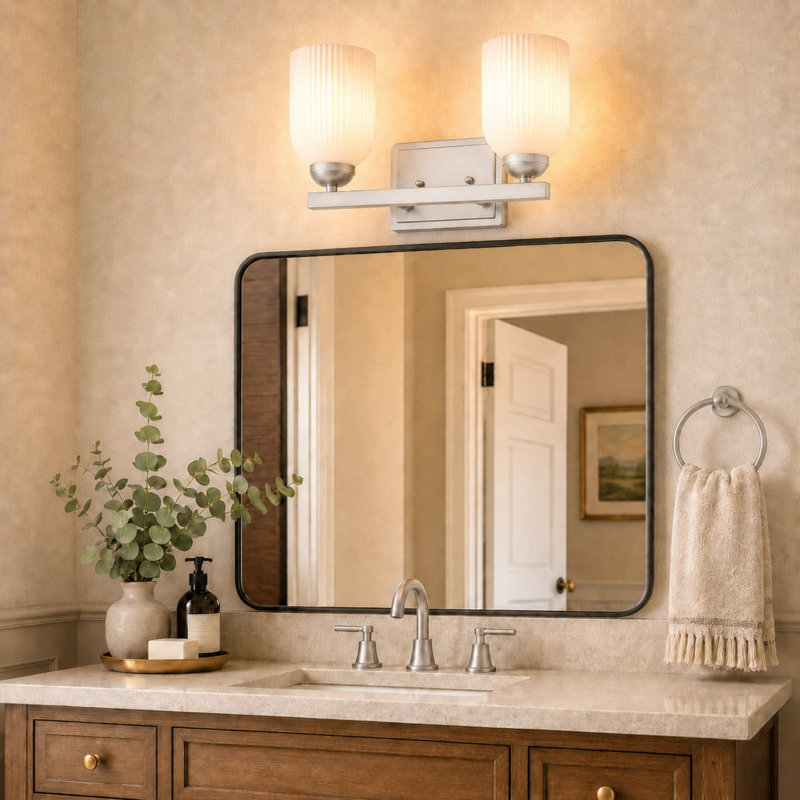 Applique murale de meuble-lavabo 2 lumières avec abat-jour en verre givré nervuré, nickel brossé, Nickel brossé