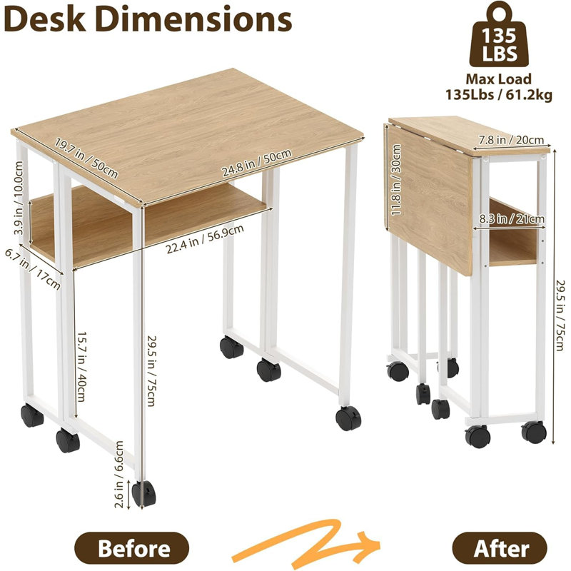 Folding Desk Small Rolling Desk with Storage Shelf and Wheels for Small Spaces, Beige, White