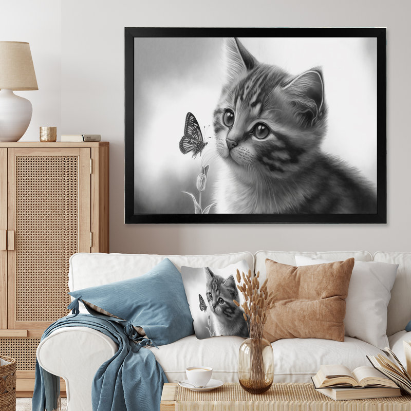 Art numérique sur toile, "Petit chaton avec papillon I", Impression noire sur toile encadrée, H 12 po x l 20 po x P 1 po