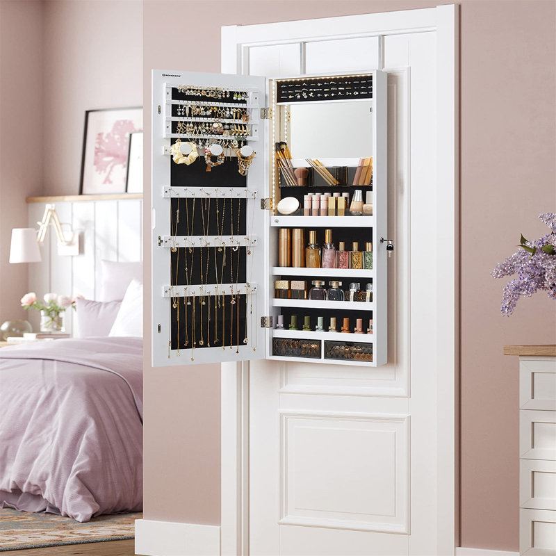 White Wall Mounted Jewelry Armoire with Mirror and LED Lights