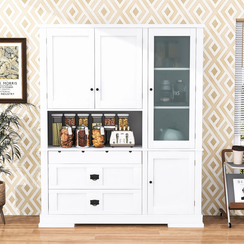 Armoire haute haute avec huche, 2 tiroirs, tablettes réglables et poste de travail à micro-ondes, Blanc