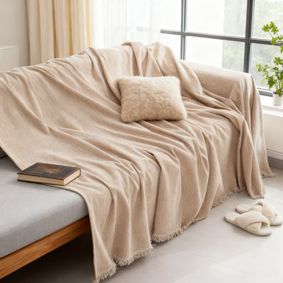 Housse pour canapé en jacquard chenille lavable avec bord à pampilles, protection de mobilier de qualité supérieure pour les canapés modulaires et causeuses