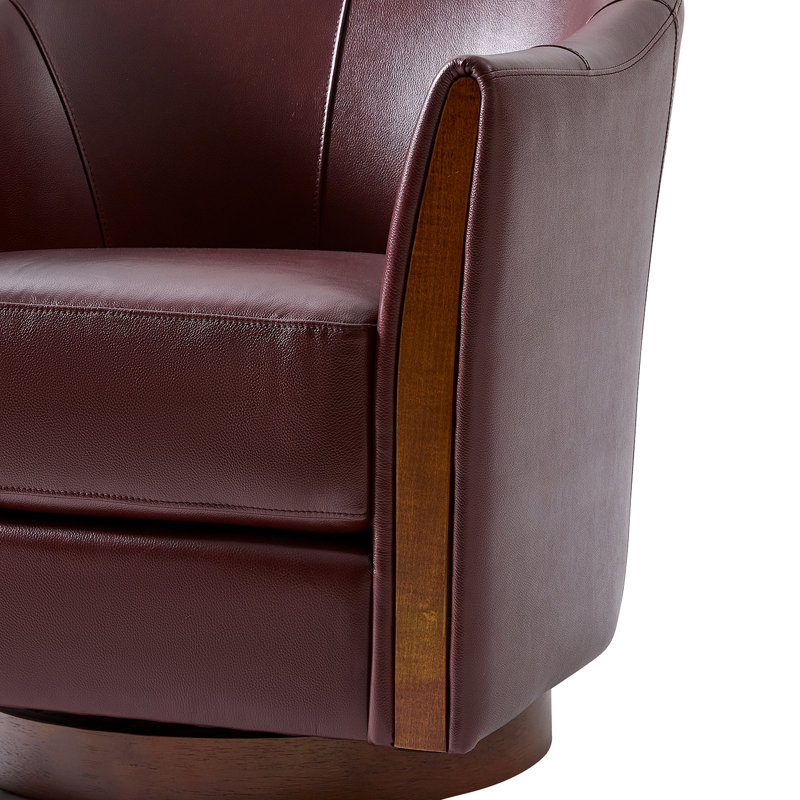 Pocono 29"W Transitional Genuine Leather Swivel Barrel Chair With Solid Wood Base(Set of 2), Burgundy