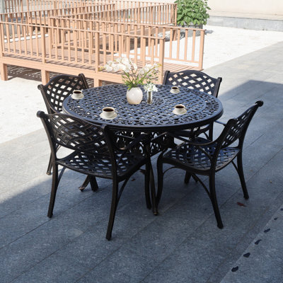 5 Piece Modern Outdoor Dining Set, Cast  Aluminum Patio Table and Chairs, 48" Round Table with Umbrella Hole, Bronze by Canora Grey