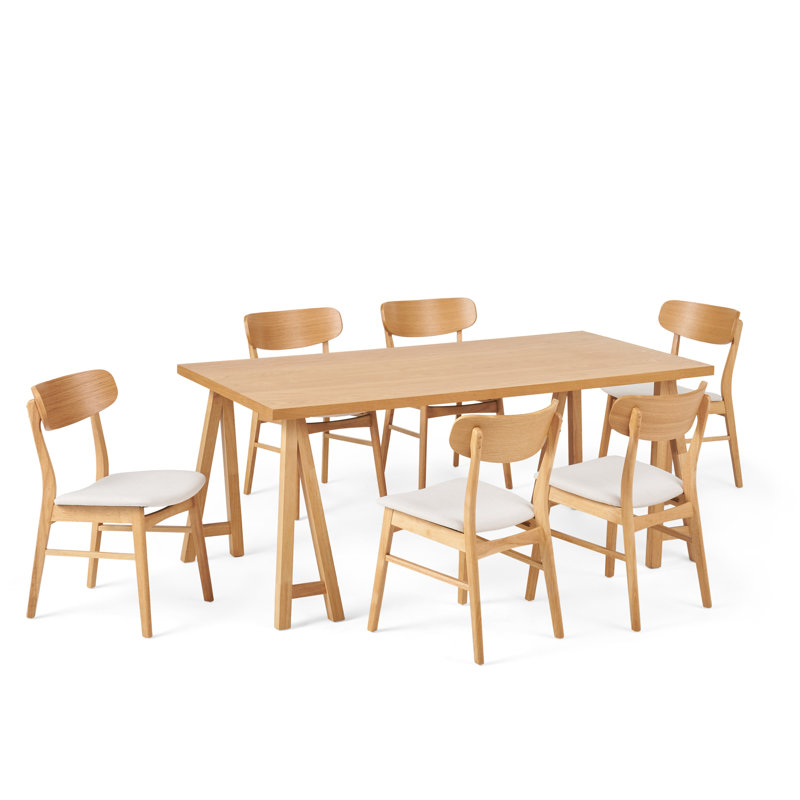 6 - Person Dining Set, Light Beige, Natural Oak
